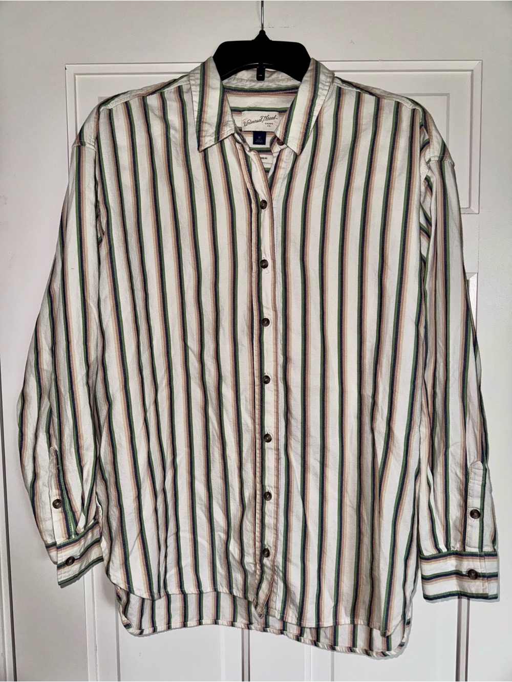 Universal Thread White Button-Down Shirt with Green & Pink Stripes